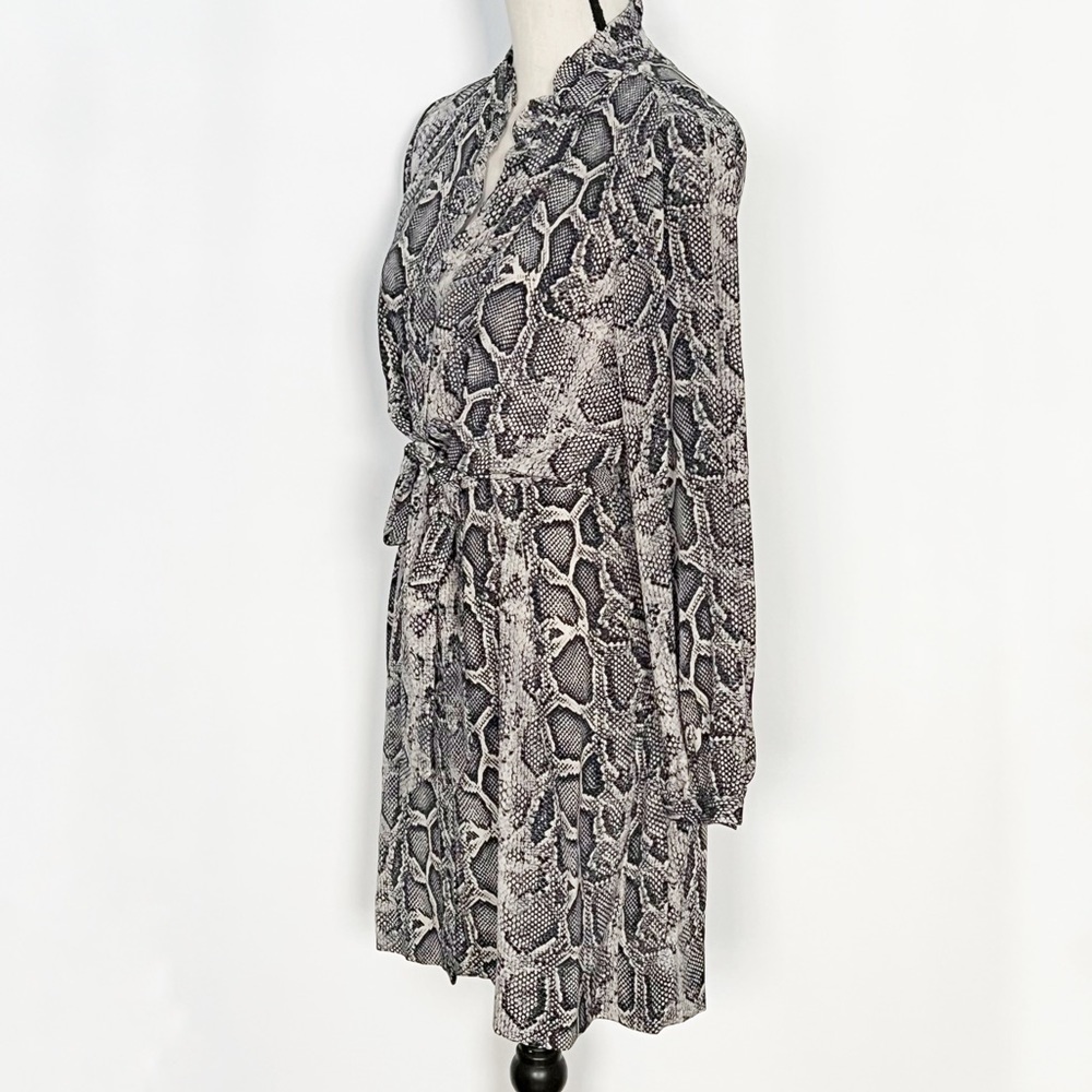 Rebecca Taylor Silk Tie-Waist Shirt Dress  Long Sleeve Snakeskin Print 4 Gray - Picture 11 of 16
